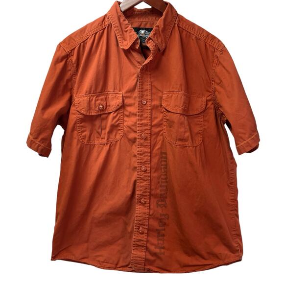 Harley Davidson Men's Holdout Shirt Large Orange Logo short sleeve button Up - Picture 1 of 15
